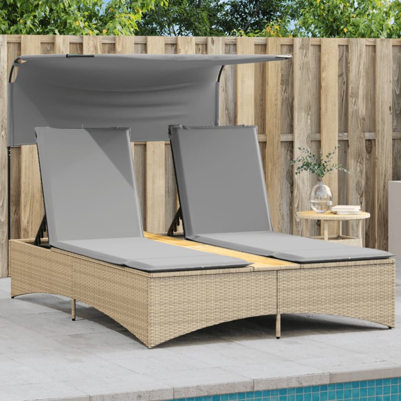 vidaXL Doppel-Sonnenliege mit Dach und Auflagen Beige Poly Rattan vidaXL Doppel-Sonnenliege mit Dach und Auflagen Beige Poly Rattan