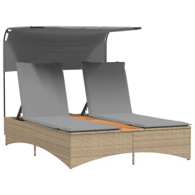 vidaXL Doppel-Sonnenliege mit Dach und Auflagen Beige Poly Rattan