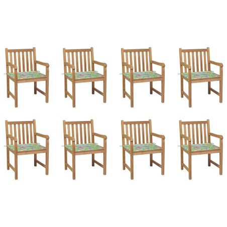 vidaXL Gartenstühle 8 Stk. mit Blattmuster-Kissen Massivholz Teak