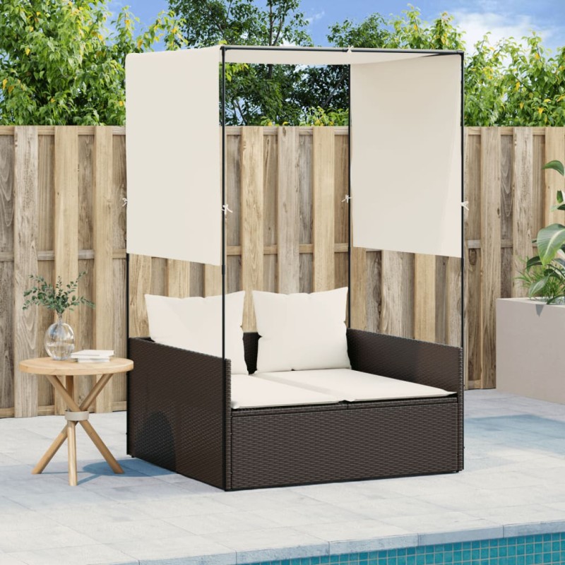 vidaXL Doppel-Sonnenliege mit Dach und Vorhängen Braun Poly Rattan vidaXL Doppel-Sonnenliege mit Dach und Vorhängen Braun Poly Rattan