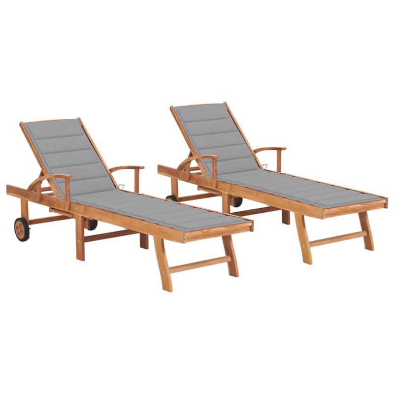 Sonnenliegen 2 Stk. mit Auflagen Grau Massivholz Teak Sonnenliegen 2 Stk. mit Auflagen Grau Massivholz Teak