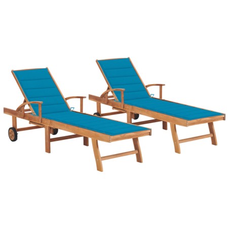 Sonnenliegen 2 Stk. mit Auflagen Blau Massivholz Teak