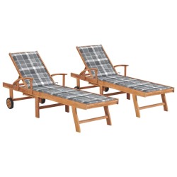 Sonnenliegen 2 Stk. Auflagen Graues Karomuster Massivholz Teak