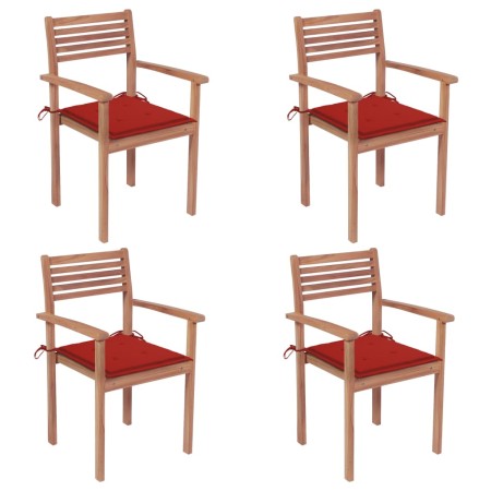 vidaXL Gartenstühle 4 Stk. mit Roten Kissen Massivholz Teak