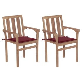 vidaXL Gartenstühle 2 Stk. mit Weinroten Kissen Teak Massivholz 
