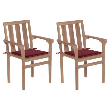 vidaXL Gartenstühle 2 Stk. mit Weinroten Kissen Teak Massivholz 