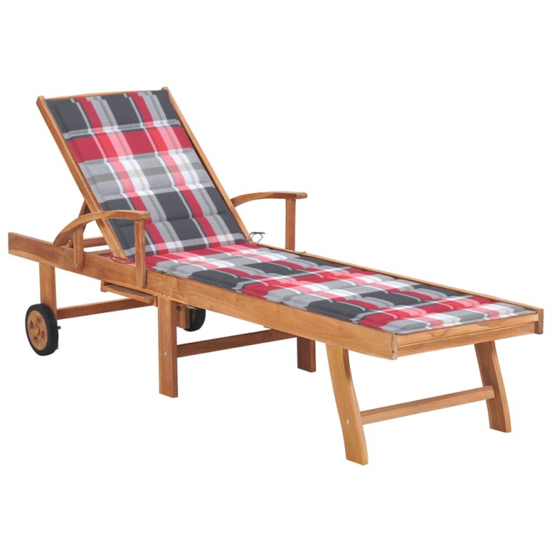 vidaXL Sonnenliege mit Auflage Rotes Karomuster Massivholz Teak vidaXL Sonnenliege mit Auflage Rotes Karomuster Massivholz Teak