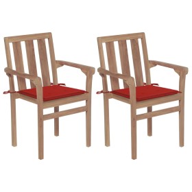 vidaXL Gartenstühle 2 Stk. mit Roten Kissen Teak Massivholz 