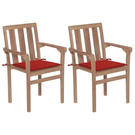 vidaXL Gartenstühle 2 Stk. mit Roten Kissen Teak Massivholz 