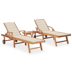 Sonnenliegen 2 Stk. mit Tisch und Auflagen Massivholz Teak