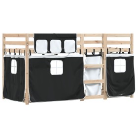 vidaXL Etagenbett mit Vorhängen Weiß Schwarz 90x200 cm Kiefernholz