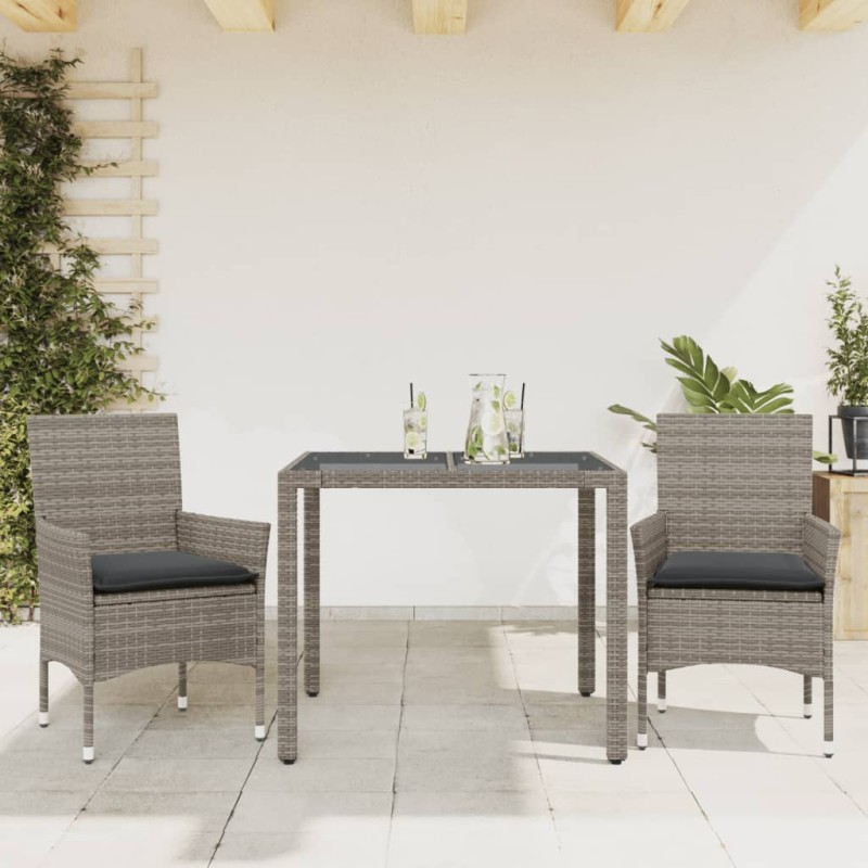 vidaXL 3-tlg. Garten-Essgruppe mit Kissen Grau Poly Rattan und Glas vidaXL 3-tlg. Garten-Essgruppe mit Kissen Grau Poly Rattan und Glas