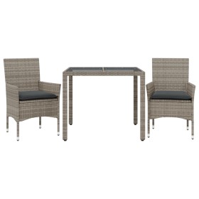 vidaXL 3-tlg. Garten-Essgruppe mit Kissen Grau Poly Rattan und Glas