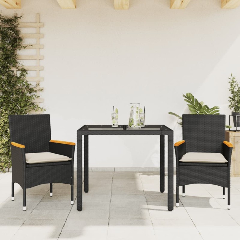 vidaXL 3-tlg. Garten-Essgruppe mit Kissen Schwarz Poly Rattan Glas vidaXL 3-tlg. Garten-Essgruppe mit Kissen Schwarz Poly Rattan Glas