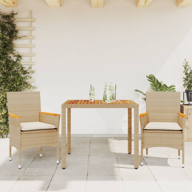 vidaXL 3-tlg. Garten-Essgruppe mit Kissen Beige Poly Rattan Akazie vidaXL 3-tlg. Garten-Essgruppe mit Kissen Beige Poly Rattan Akazie