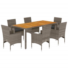 vidaXL 7-tlg. Garten-Essgruppe mit Kissen Grau Poly Rattan Akazie