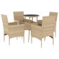 vidaXL 5-tlg. Garten-Essgruppe mit Kissen Beige Poly Rattan und Glas