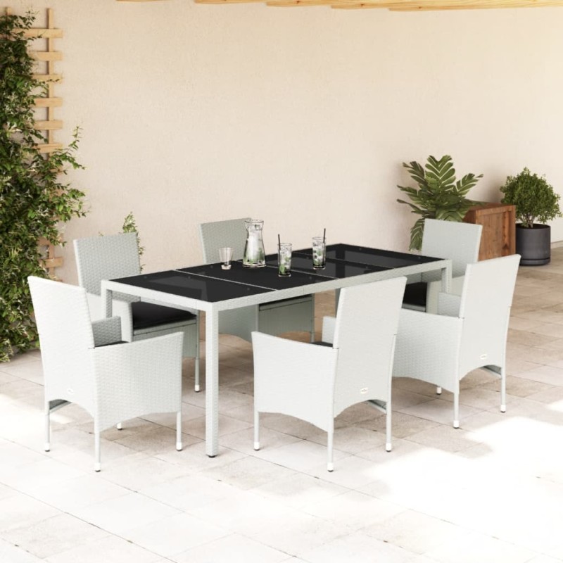 vidaXL 7-tlg. Garten-Essgruppe mit Kissen Weiß Poly Rattan und Glas vidaXL 7-tlg. Garten-Essgruppe mit Kissen Weiß Poly Rattan und Glas