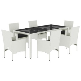 vidaXL 7-tlg. Garten-Essgruppe mit Kissen Weiß Poly Rattan und Glas