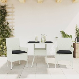vidaXL 3-tlg. Garten-Essgruppe mit Kissen Weiß Poly Rattan und Glas
