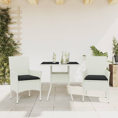 vidaXL 3-tlg. Garten-Essgruppe mit Kissen Weiß Poly Rattan und Glas