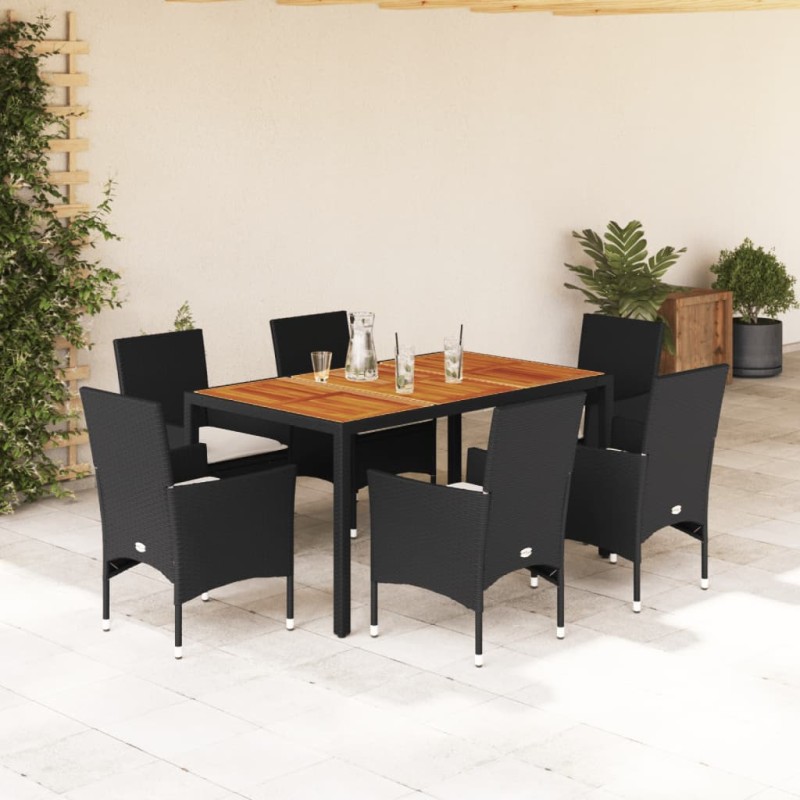 vidaXL 7-tlg. Garten-Essgruppe mit Kissen Schwarz Poly Rattan Akazie vidaXL 7-tlg. Garten-Essgruppe mit Kissen Schwarz Poly Rattan Akazie