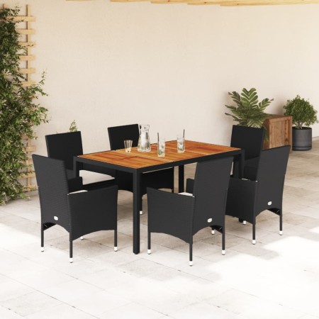 vidaXL 7-tlg. Garten-Essgruppe mit Kissen Schwarz Poly Rattan Akazie