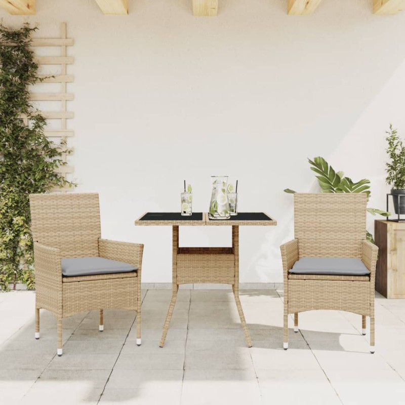 vidaXL 3-tlg. Garten-Essgruppe mit Kissen Beige Poly Rattan und Glas vidaXL 3-tlg. Garten-Essgruppe mit Kissen Beige Poly Rattan und Glas