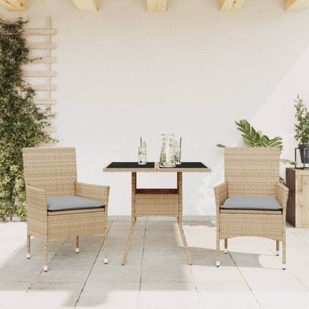 vidaXL 3-tlg. Garten-Essgruppe mit Kissen Beige Poly Rattan und Glas