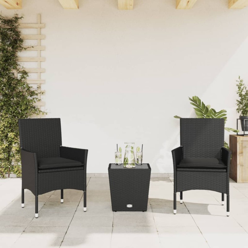 vidaXL 3-tlg. Bistro-Set mit Kissen Schwarz Poly Rattan und Glas vidaXL 3-tlg. Bistro-Set mit Kissen Schwarz Poly Rattan und Glas