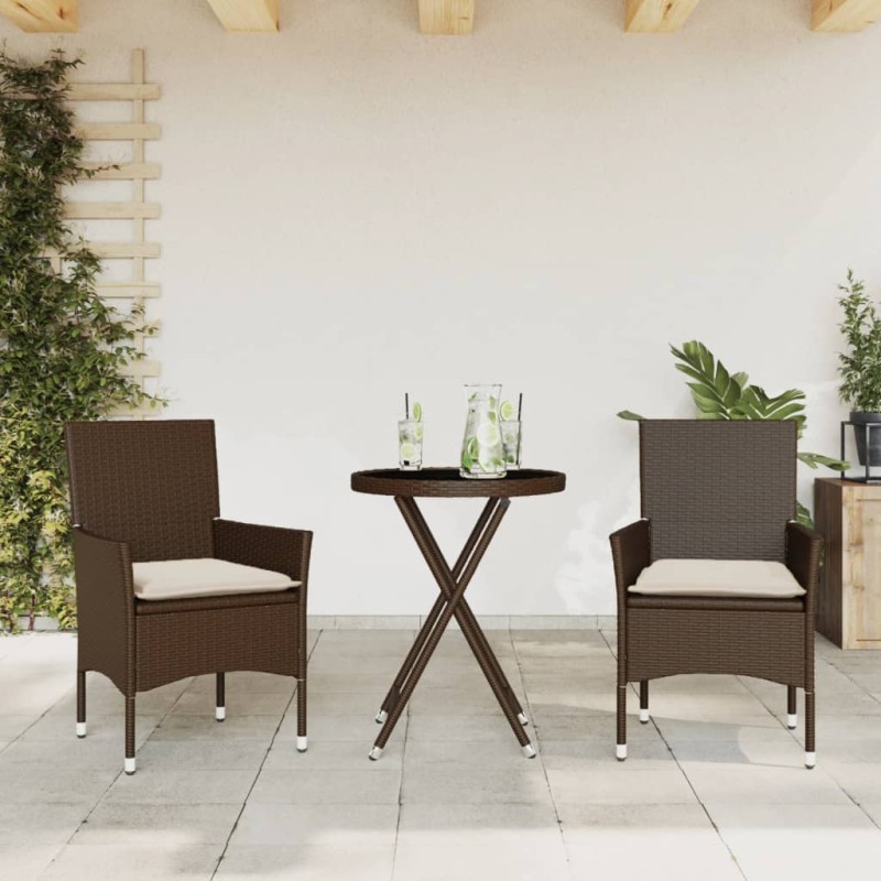 vidaXL 3-tlg. Bistro-Set mit Kissen Braun Poly Rattan und Glas vidaXL 3-tlg. Bistro-Set mit Kissen Braun Poly Rattan und Glas