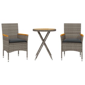 vidaXL 3-tlg. Bistro-Set mit Kissen Grau Poly Rattan & Akazienholz