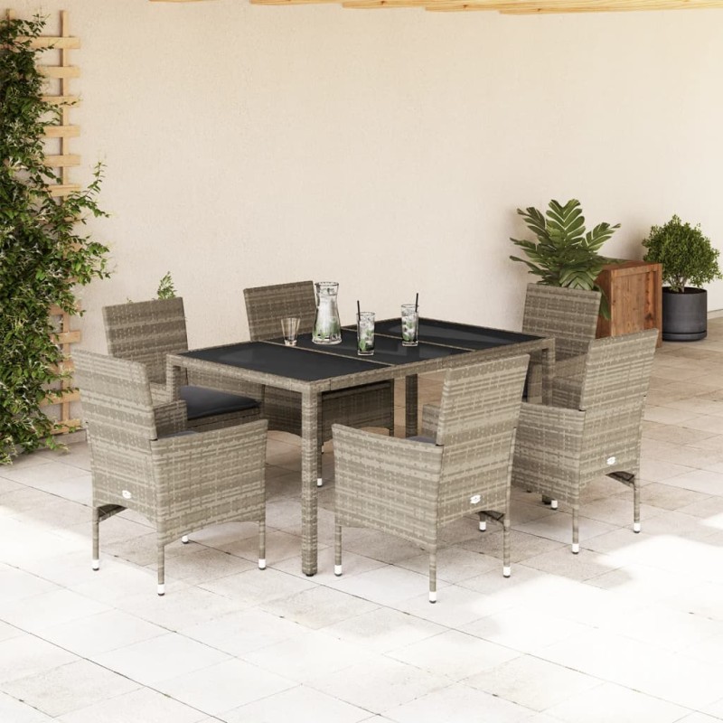 vidaXL 7-tlg. Garten-Essgruppe mit Kissen Hellgrau Poly Rattan & Glas vidaXL 7-tlg. Garten-Essgruppe mit Kissen Hellgrau Poly Rattan & Glas
