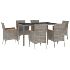 vidaXL 7-tlg. Garten-Essgruppe mit Kissen Grau Poly Rattan