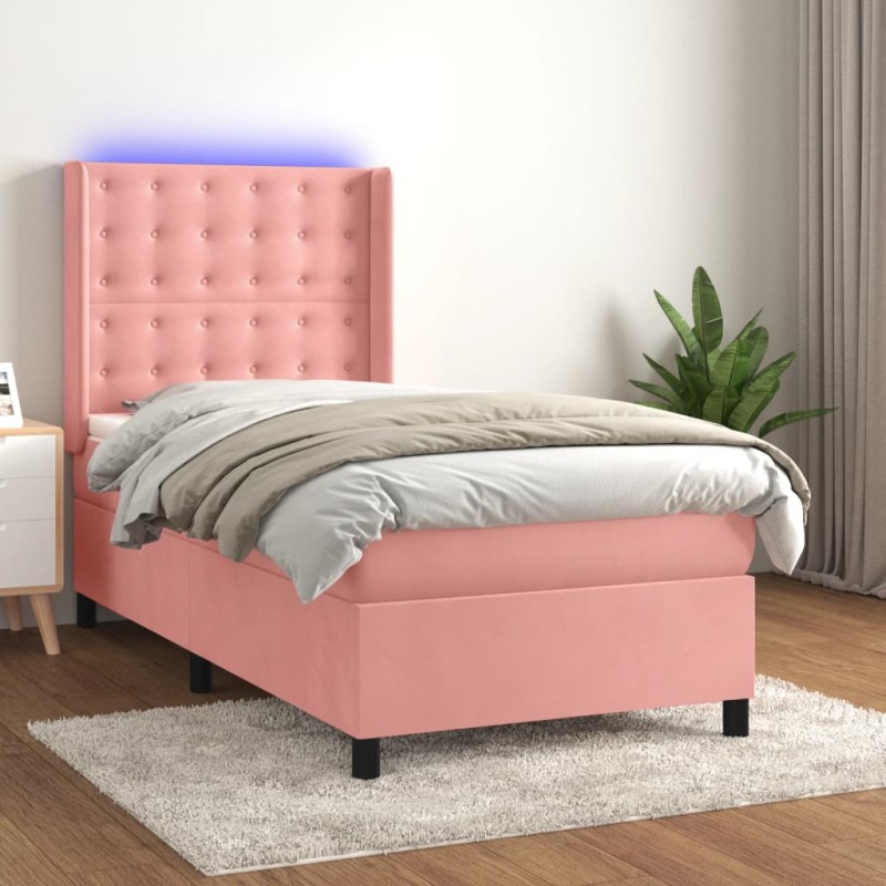 vidaXL Boxspringbett mit Matratze & LED Rosa 90x190 cm Samt vidaXL Boxspringbett mit Matratze & LED Rosa 90x190 cm Samt