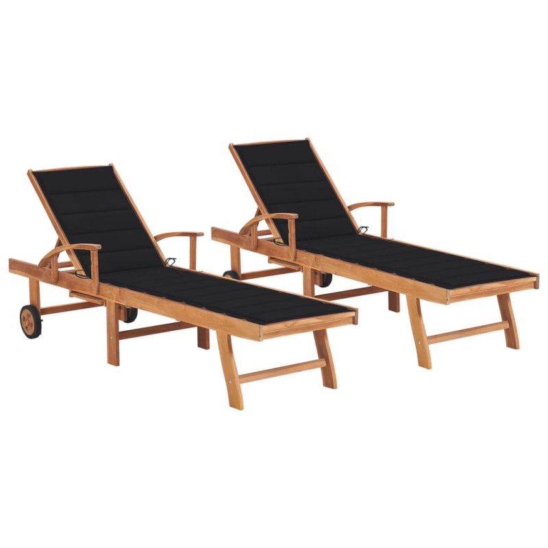 Sonnenliegen 2 Stk. mit Auflagen Schwarz Massivholz Teak Sonnenliegen 2 Stk. mit Auflagen Schwarz Massivholz Teak