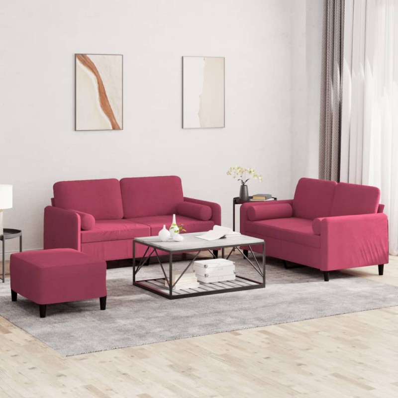 vidaXL 3-tlg. Sofagarnitur mit Kissen Weinrot Samt vidaXL 3-tlg. Sofagarnitur mit Kissen Weinrot Samt
