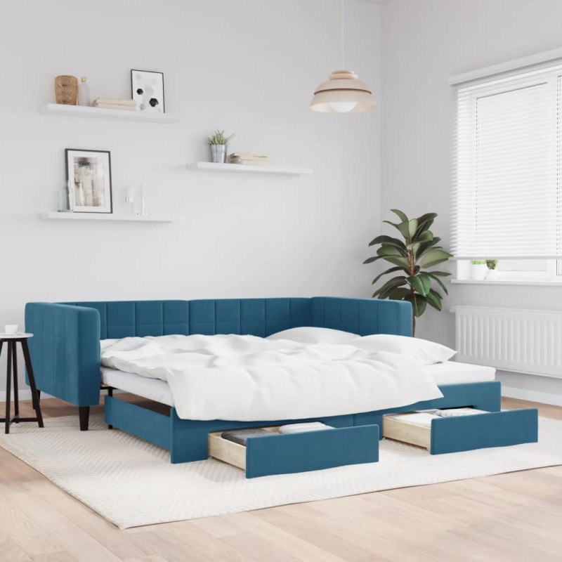 vidaXL Tagesbett Ausziehbar mit Schubladen Blau 100x200 cm Samt vidaXL Tagesbett Ausziehbar mit Schubladen Blau 100x200 cm Samt