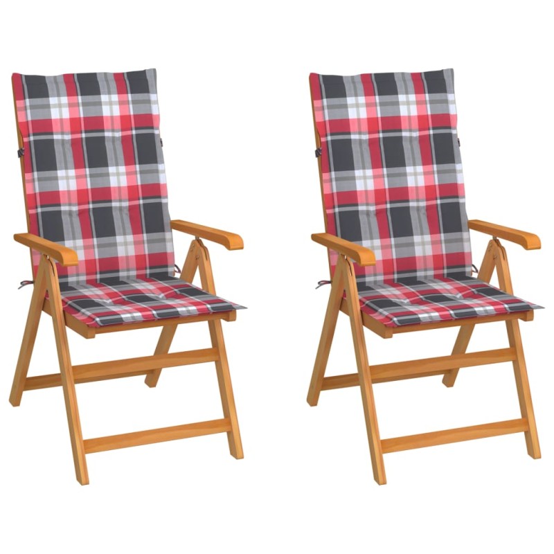 vidaXL Gartenstühle 2 Stk. Rote Karomuster Kissen Massivholz Teak vidaXL Gartenstühle 2 Stk. Rote Karomuster Kissen Massivholz Teak
