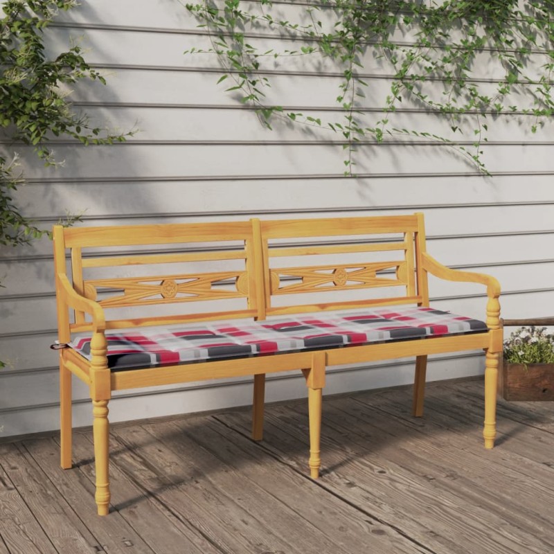 vidaXL Batavia-Bank mit Kissen Rot Karomuster 150 cm Massivholz Teak vidaXL Batavia-Bank mit Kissen Rot Karomuster 150 cm Massivholz Teak