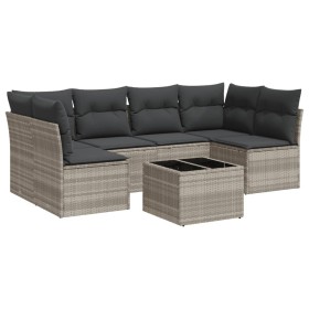 vidaXL 7-tlg. Garten-Sofagarnitur mit Kissen Hellgrau Poly Rattan