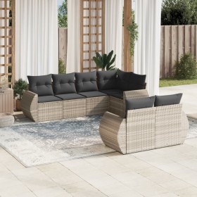 vidaXL 7-tlg. Garten-Sofagarnitur mit Kissen Hellgrau Poly Rattan
