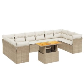 vidaXL 11-tlg. Garten-Sofagarnitur mit Kissen Beige Poly Rattan
