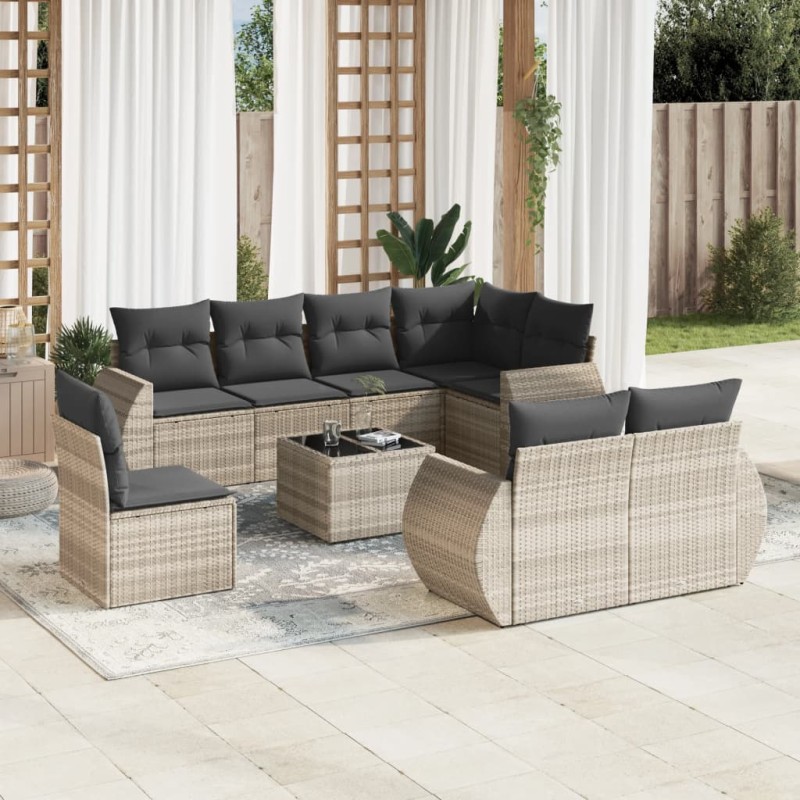 vidaXL 9-tlg. Garten-Sofagarnitur mit Kissen Hellgrau Poly Rattan vidaXL 9-tlg. Garten-Sofagarnitur mit Kissen Hellgrau Poly Rattan
