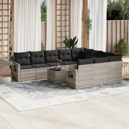 vidaXL 11-tlg. Garten-Sofagarnitur mit Kissen Hellgrau Poly Rattan