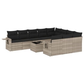 vidaXL 11-tlg. Garten-Sofagarnitur mit Kissen Hellgrau Poly Rattan