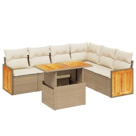 vidaXL 7-tlg. Garten-Sofagarnitur mit Kissen Beige Poly Rattan