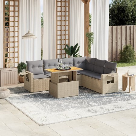 vidaXL 7-tlg. Garten-Sofagarnitur mit Kissen Beige Poly Rattan