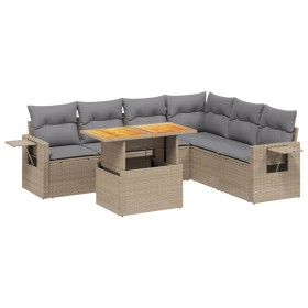 vidaXL 7-tlg. Garten-Sofagarnitur mit Kissen Beige Poly Rattan