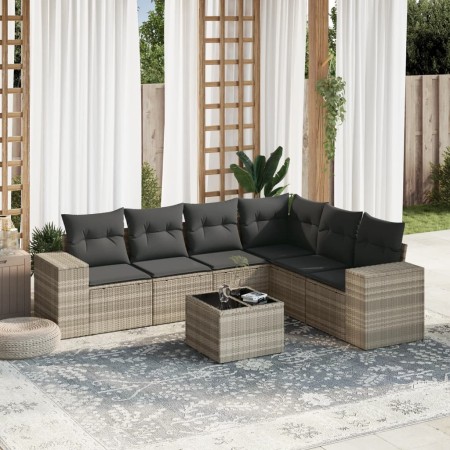 vidaXL 7-tlg. Garten-Sofagarnitur mit Kissen Hellgrau Poly Rattan